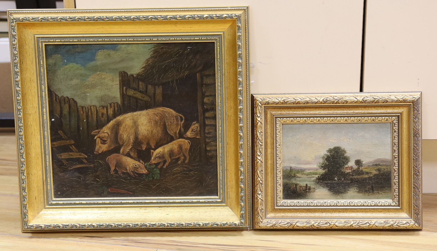 English School, oil on board, Primitive study of pigs in a stye 28 x 30cm and a small late 19th century oil riverscape, 14 x 19cm